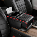 Car Armrest Cushion, Car Center Console Cover, Leather Armrest Cover for Car, Universal Middle Console Cushion with Storage Box, Cup Holder, Phone Slot, Waterproof Interior Accessories (black-red)