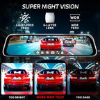 L09 12" 4K Mirror Dash Cam and Backup Camera with Front and Rear Dual Cameras, Built-in GPS, Wi-Fi, Loop Recording, G-Sensor, WDR, and HDR Night Vision, Includes 128GB Memory Card