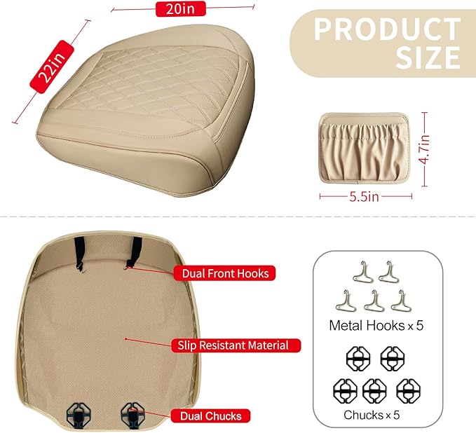 2 Pack Leather Front Car Seat Cover Bottom Car Seat, Anti-Slip and Full Wrap Driver Car Seat Protectors with Storage Pocket, Luxury Waterproof Bottom Auto Seat Cushion for Most Vehicles(Yellow Beige)