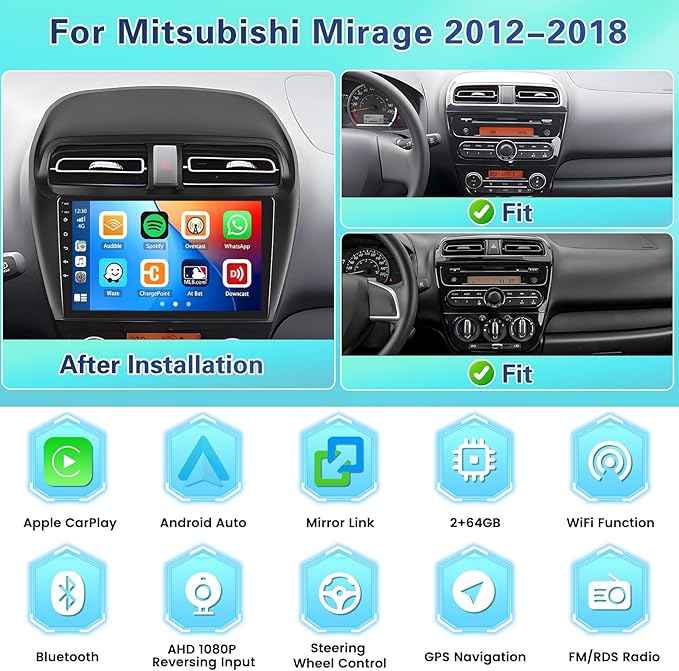 for Mitsubishi Mirage 2012-2018【2+64GB Dash kit】 Fuluku Android Car Stereo with Wireless Carplay Android Auto, 9" Touch Screen Radio Dash Kit GPS Navigation WiFi Bluetooth SWC Mic Backup Camera