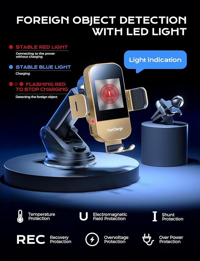 CHGeek Wireless Car Charger, 15W Fast Charging Auto Clamping Car Charger Phone Mount Phone Holder fit for iPhone 15 14 13 12 11 Pro Max Xs, Samsung Galaxy S24 Ultra S23 S22 S21, S20, S10+, Golden