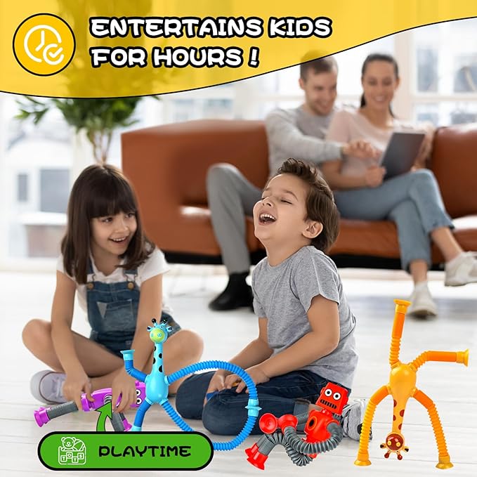 8pc Robot Giraffe Sensory Travel Toys for Toddlers Boy Ages 3 4 5 6 7 8, Airplane Activities Suction Autism Pop Tube Fidget Autistic Stocking Easter Basket Stuffer Valentine Gift for Kids