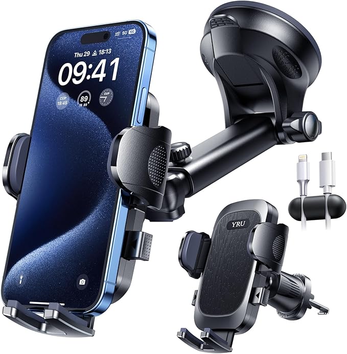 YRU True Military-Grade [360° Rotation Suction] 2026 Ultimate Car Phone Holder Mount 【90+LBS Safest Strongest & Patent Certs】 Dashboard Windshield Vent for iPhone 17 16 Pro Max Samsung, Jet Black
