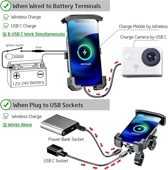iMESTOU Anti-Theft Motorcycle Wireless Phone Mount Charger 15W & USB C 3A Handlebar 1" Ball Phone Holder Works with 12V/24V Vehicle/USB A Socket 720 Rotation Quick Charge for 4.0-7.0" Cellphones