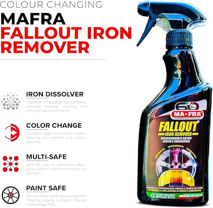 Mafra Fall Out Iron Remover | Color Change Decontaminant for Brake Dust and Iron Fallout | pH Balanced and Acid Free for Wheels and Paint | Fast Rinse Reaction for Coating Prep | 500 Milliliters