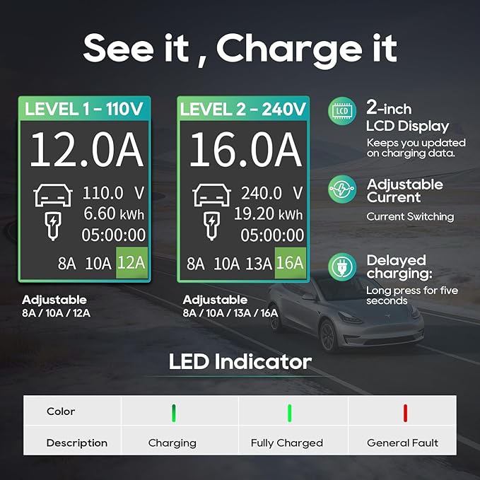 Level 1/2 Portable EV Charger for Tesla Model Y/3/S/X, Home 240V 16A (NEMA 6-20) & 120V 12A(NEMA 5-15 Adapter), Adjustable 8-16A, NACS, 25ft Cable, ETL Certified, LCD Display, Travel Bag