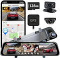 L09 12" 4K Mirror Dash Cam and Backup Camera with Front and Rear Dual Cameras, Built-in GPS, Wi-Fi, Loop Recording, G-Sensor, WDR, and HDR Night Vision, Includes 128GB Memory Card