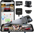 L09 12" 4K Mirror Dash Cam and Backup Camera with Front and Rear Dual Cameras, Built-in GPS, Wi-Fi, Loop Recording, G-Sensor, WDR, and HDR Night Vision, Includes 128GB Memory Card