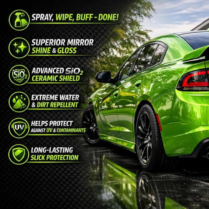Premium Ceramic Detail Spray 16 fl oz, SiO2 Quick Detailer for Cars, Waterless Wash & Gloss Booster, Hydrophobic Water Beading, Streak-Minimized Wipe-Off, for Paint, Glass, Chrome & Trim