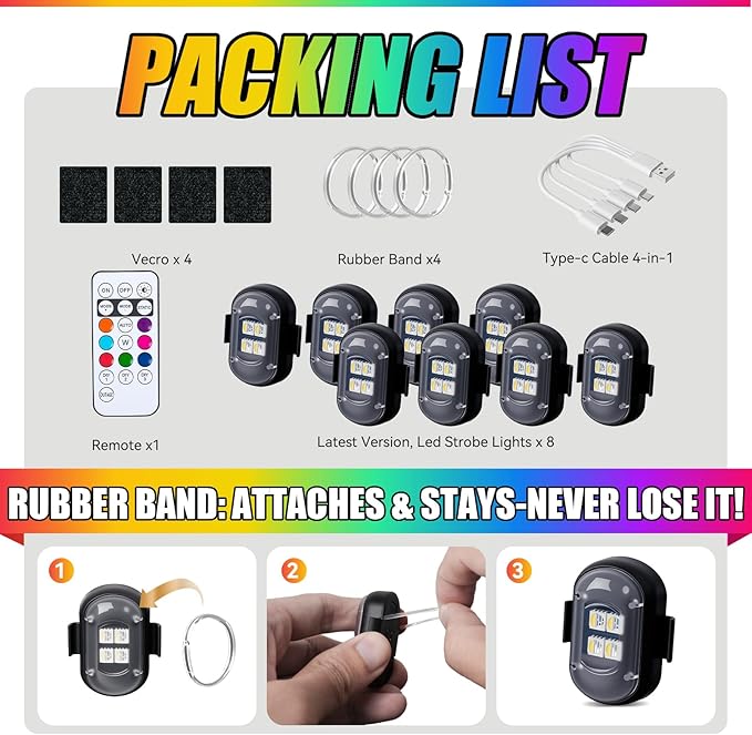 Upgraded Wireless Car Lights with Remote Control，Rechargeable Waterproof 8-Color Interior Car Light, Car Lights Anti-Collision Warning Lights for Vehicle Drone Motorcycle Bike