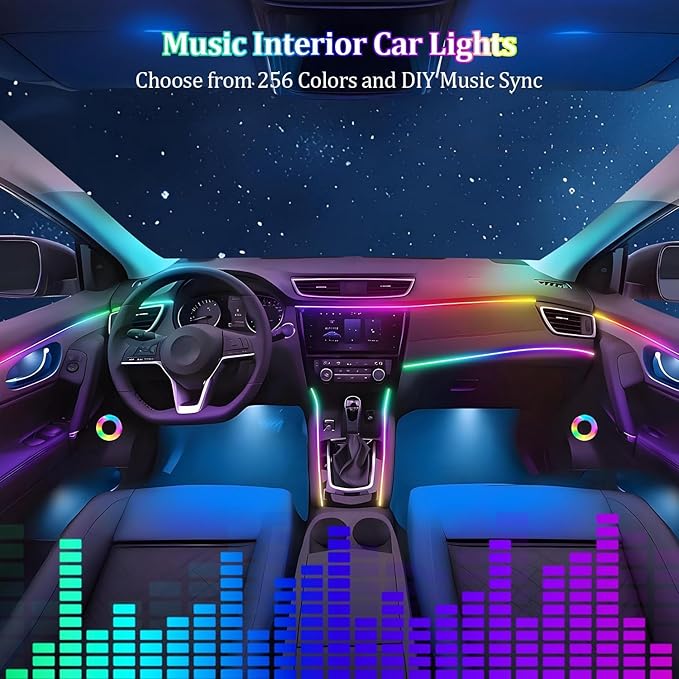 Interior Car LED Strip Lights,116in USB Dreamcolor 4 in 1 Acrylic Neon Flexible Strip Fiber Optic LED Ambient Lighting Kits with Remote APP, RGB Music Lights Sync for Inside car Decorations