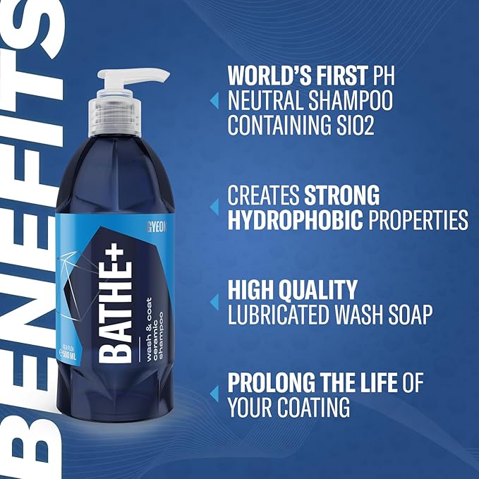 Gyeon Bathe+ Ceramic‑Infused Car Wash Shampoo SiO2 pH‑Neutral Hydrophobic Gloss Enhancer Safe on Paint Glass Rims Plastic Quick Self‑Cleaning Maintenance for Coated or Non‑Coated Vehicles