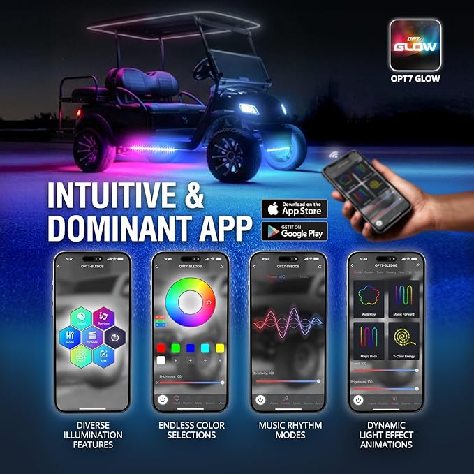 OPT7 Aura 12V DreamColor Underglow Chasing Lights for Golf Cart w/APP & Remote Control, Waterproof Rigid Aluminum Light Bar, Decorative RGB-IC Car LED Lighting Kit, EZGO Yamaha Club Car Universal Fit