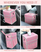 Capolo Car Trash Can with Lid, Leakproof Car Trash Bag Hanging Waterproof Automotive Garbage Can with Storage Pockets Mini Vehicle Trash Bin for Back/Front Seat(Pink,3 Gallon)