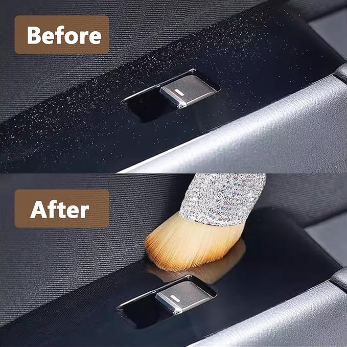 Car Interior Brush Blingbling Car Accessories for Women,2Pack Dust Sweeping Soft Brush with Rhinestone Handle,Detailing Brush Cleaner for Air Conditioner Vents, Computer Keyboard, etc (Sliver 2PCS)
