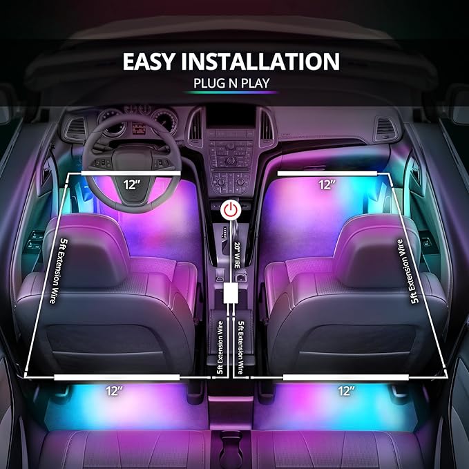 OPT7 Aura DreamColor RGB-IC LED Car Interior Light Strips, 4PC Neon Ambient Lighting Kit with APP & Remote, 12V Music Color Chasing Lights for SUV Truck Van, Under Dash Decor