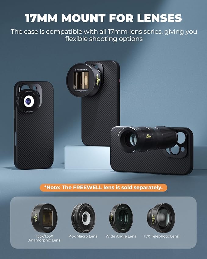 FREEWELL Pro Filmmaker Case for iPhone 15 Pro Max - Magnetic Filter & 17mm Lens Mount Black