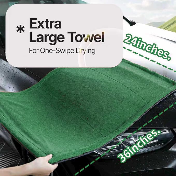 Extra Large Car Drying Towel, 36 Inches, 1300gsm,Super Absorbent Polyamide, Double-Twisted Design (Green and Grey)