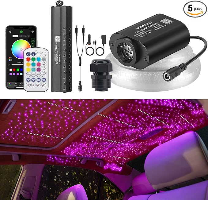 Meteor 6W Mini Size Twinkle Starlight Headliner Kit with Shooting Star, 550pcs*0.03in*9.8ft Fiber Optic Lights, Bluetooth APP/Remote Control/Music Effect, RGBW Starlight for Car Roof Ceiling