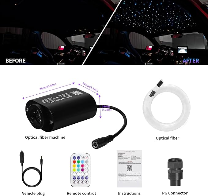 Small Size 500pcs Fiber Optic Star Lights for Car Ceiling, 6W Starlight Headliner Kit with Twinkle Effect, Sound-Activated APP& Remote Control RGBW Starlight Engine for Car Home 9.8ft*0.03in