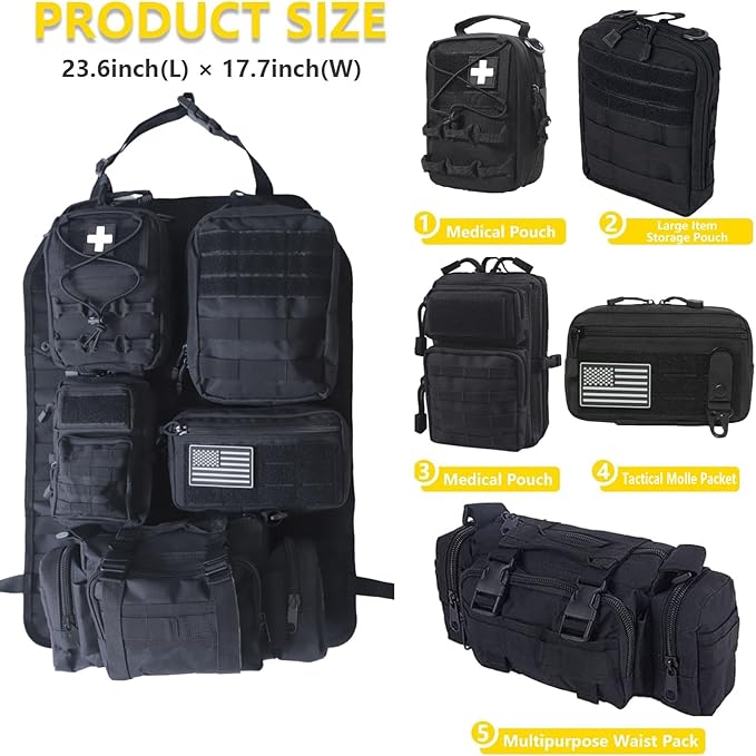 Universal Tactical Seat Back Organizer Vehicle Molle Panel Organizer Storage Bag with 5 Detachable Molle Pouch for All Vehicel Such as Jeep,Truck,SUV, Car, Ford,Chevy etc