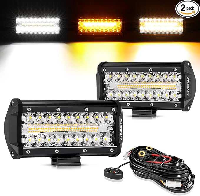 Auxbeam 7 Inch 300W LED Light Bar, 6 Modes Strobe Amber Fog Light Dual Color Spot Flood Offroad Driving Lights, Memory Function LED Work Lights for Truck Car ATV