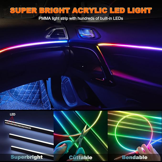 Jushope Car LED Strip Lights, Interior Acrylic LED Lights for Car with Dynamic Rainbow Dream Color Chasing, Ambient Lighting Kits Music Sync (8 in 1(6 * 29.5+43.3+14.5 inches))