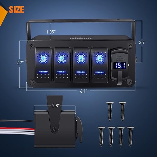 Nilight 4 Gang Rocker Switch Box 12V SPST ON Off PD Type C and QC 3.0 USB Charger Voltmeter Waterproof Aluminum Panel DIY Stickers for Boats Cars RVs Trucks