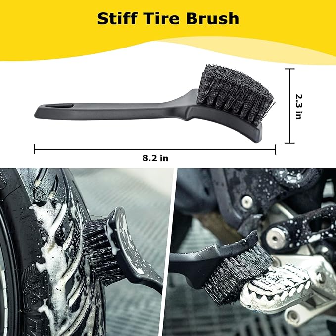 focopot Motorcycle Cleaning Kit 6 Pack with Easy Reach Brush,Tire Brush,Wool Wash Mitt,Chain Brush,Detailing Brush and Microfiber Towel for Cleaning Motorcycle Mudguard,Rims,Exhaust,Frame