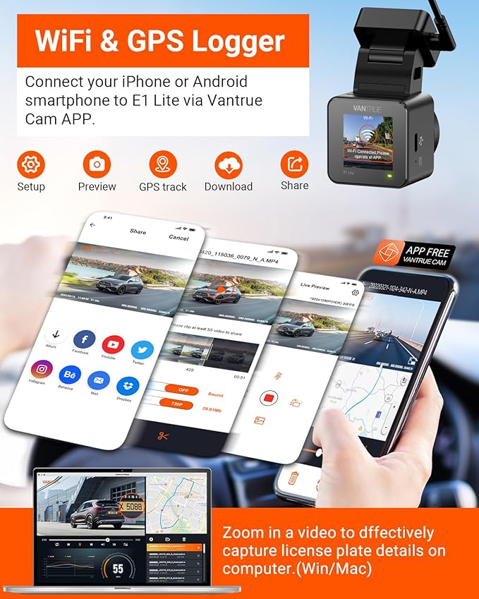 Vantrue E1 Lite 1080P Dash Cam, Mini Car Camera with Night Vision, 60fps Dash Cam with GPS and Speed, Wi-Fi APP Control, Loop Recording, Voice Control, 24H Parking Mode, Support 512GB