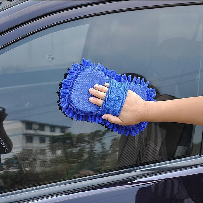 Car Wash Mitt,Microfiber Chenille Car Wash Mitt,Double-Sided lint-Free,Scratch Free,Cleaning Mitts for Truck, SUV, RV (Blue)