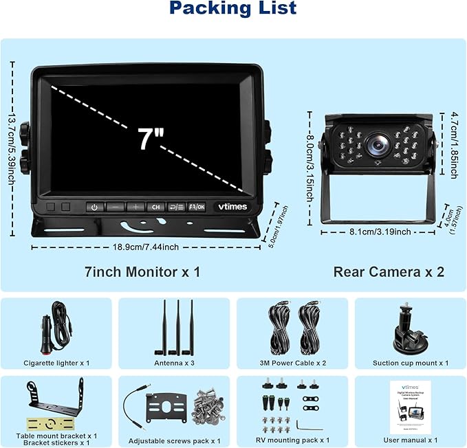 Wireless Backup Camera 2 Cameras, RV Backup Camera Wireless System with 7" Monitor for Truck, 4 Channels Split Screen, BSD Alert, 984ft Signal Range, IP69K Waterproof IR Night Vision, DIY Guide Lines