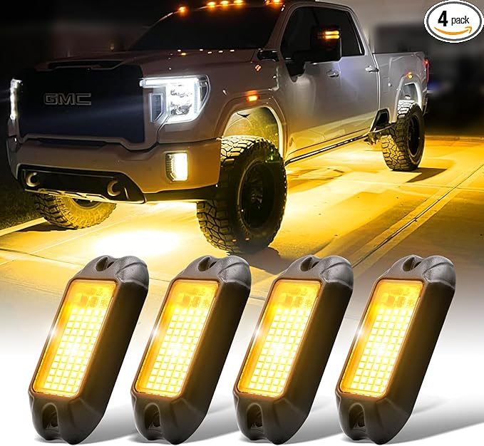 Nicoko 4Pods Pure Yellow 72 LEDs SMD Chips 72w High Power Rock Lights Super Bright Yellow Offroad Car Boat Underglow Lights IP68 Waterproof for Truck SUV UTV ATV RZR