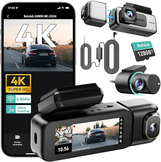 BOTSLAB 3 Channel Dash Cam 4K with ACC Hardwire Kit & 128GB TF Card, 3.18" Touch Screen, Voice Control, 4K Front and 1080P Rear Inside Loop Recording, 5.8GHz WiFi, GPS, Night Vision, WDR, Parking Mode
