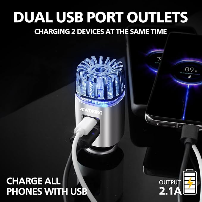 4WDKING Car Air Purifier Ionizer, 12V Plug-in Car Air Freshener Gadgets with Dual USB Charger Removes Cigarette Smoke, Pet and Food Odor, Ionic Ozone (Black)