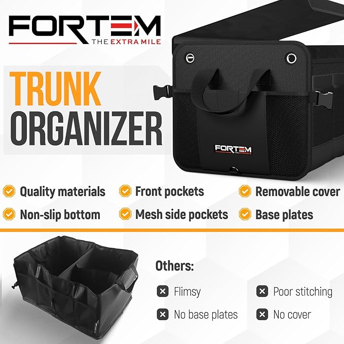 FORTEM Trunk Organizer For SUV Car Organizer and Storage, Collapsible Multi-Compartment Storage Bag Car Accessories for Women Men, 1680D Oxford, Non Slip Bottom, Adjustable Straps, Soft Cover (65L)