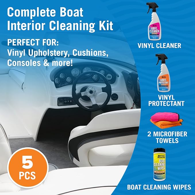 Boat Interior Cleaning Kit, Marine Vinyl Protectant and Cleaner, Wipes, Microfiber Cloths, for Boat Seats, Pontoon Accessories, Jet Ski, Car, and RV Care Supplies