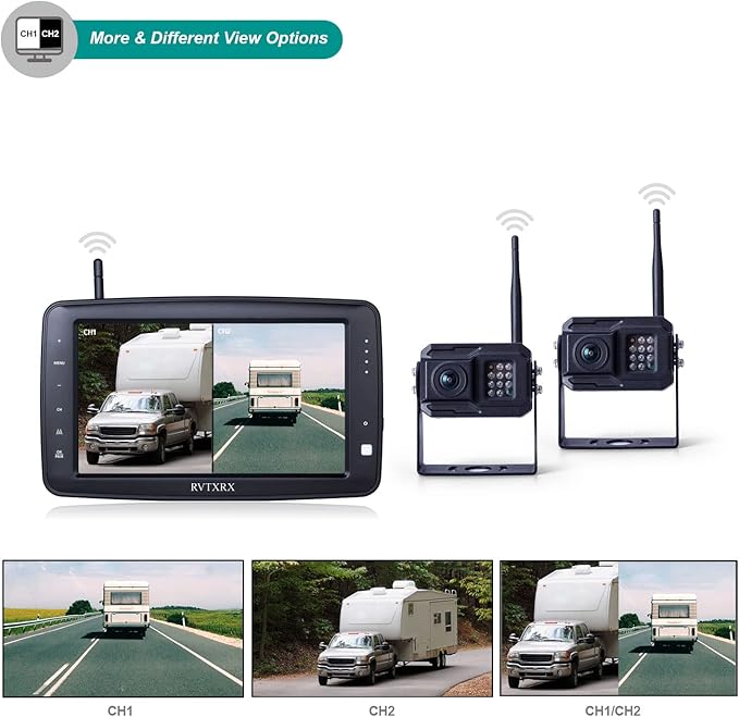 Wireless Backup Camera System with 7 inch Splitscreen, Waterproof Wireless Rear View Camera with Night Vision, Support add 2nd Wireless Reversing Camera for Trailer, RV, Trucks, Horse-Trailer, etc