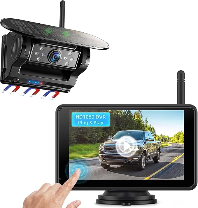 eRapta Magnetic Solar Wireless Backup Camera: HD1080P 5” Touchscreen Portable with DVR, BSD, 1-Min Install-Free IR Night Vision Hitch Backup Camera for Trailer/Truck/Small RV/Camper/Tractor-AWTCM501