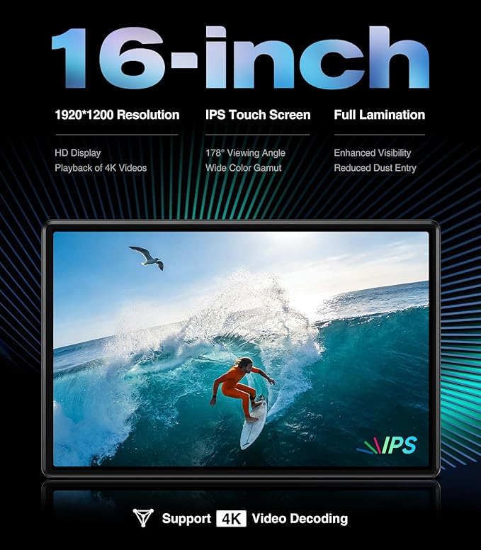 16 inch Android 13 Car Headrest Monitor Screen Car TV Entertainment System for Cars Backseat,Support Phone Wireless Mirroring Sync Screen WiFi HDMI Bluetooth USB SD Video Player (4G+64G (2*pcs))