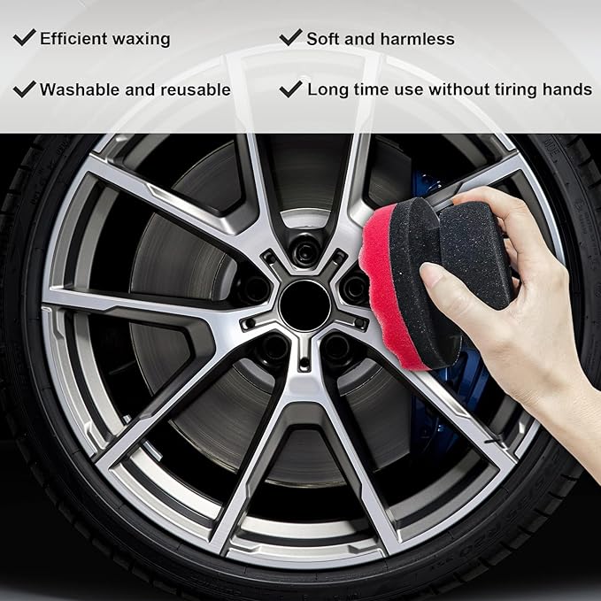 Wevdn 2PCS Tire Shine Applicator, Durable & Reusable Hex Grip Tire Dressing Sponge Foam Detailing Pad, Washable Round Shape Wheel Tire Shine Car Cleaning Sponge, Car Accessories (Red-Large)
