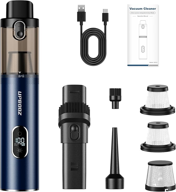 Upbooz Handheld Vacuum Cordless, Car Vacuum with 14000PA Powerful Suction with LED Light, Air Duster 2-in-1,Low Noise Rechargeable Portable Mini Vacuum Cleaner for Car Home Pet Office,Two Gears Blue