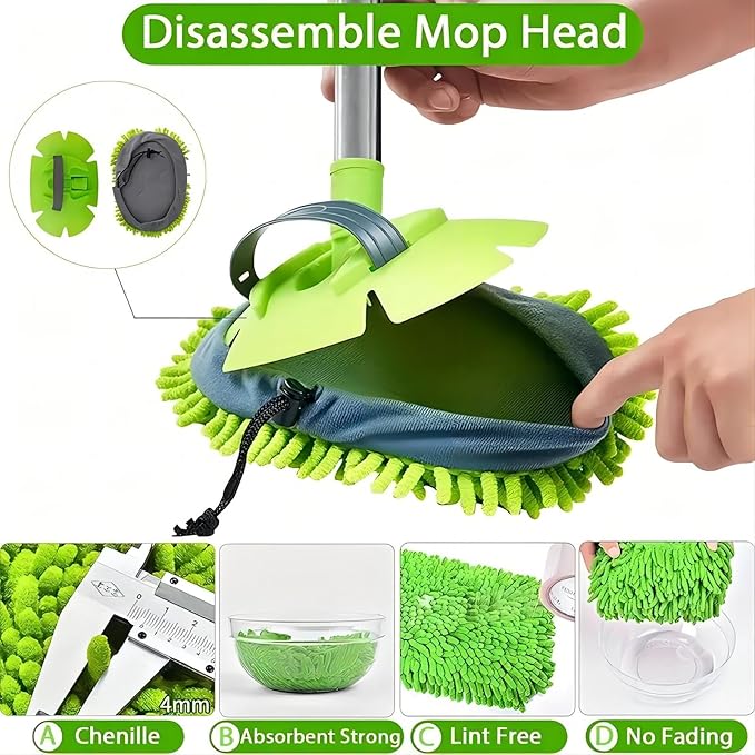 WillingHeart 63" Car Wash Mop Brush Tool Mitt with Long Handle Length More Suitable for Washing Cars Truck, SUV, RV, Trailer, 2 in 1 Chenille Microfiber Duster Not Hurt Paint Scratch Free, Green