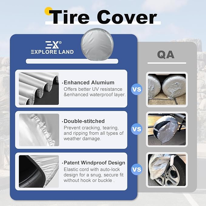 Explore Land Weatherproof Tire Covers 4 Pack Alumium Wheel Protector for Truck, SUV, Trailer, Camper, RV,S (Fits Diameter 23"-25.75") Silver, Set of 4