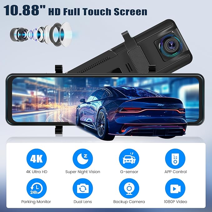10.88 Inch Mirror Dash Cam,4K Touchscreen Rear View Mirror Front and Rear View Dual Cameras,Night Vision,G-Sensor,APP Control,Motion Detection,Loop Recording,Parking Assistance,Parking Monitor