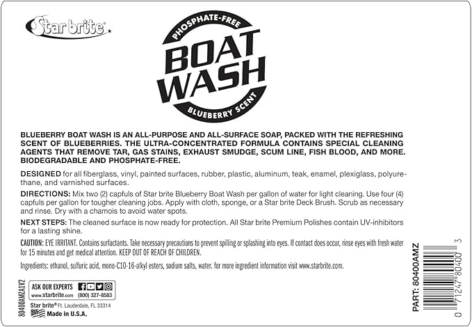 STAR BRITE Concentrated Boat Wash - Heavy-Duty, Non-Streak Formula for Sparkling Hulls, Decks, Chrome and Fittings - Fresh Blueberry Scent - 128 OZ Gallon (080400)