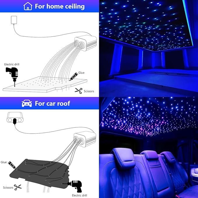 AMKI Dual Color 20W Twinkle Starlight Headliner Kit Mixed 860pcs*9.8ft Cables Fiber Optic Light Cable Sound Activated Music Mode APP/Remote Control Dual Port Light Box for Car Home Roof Decor