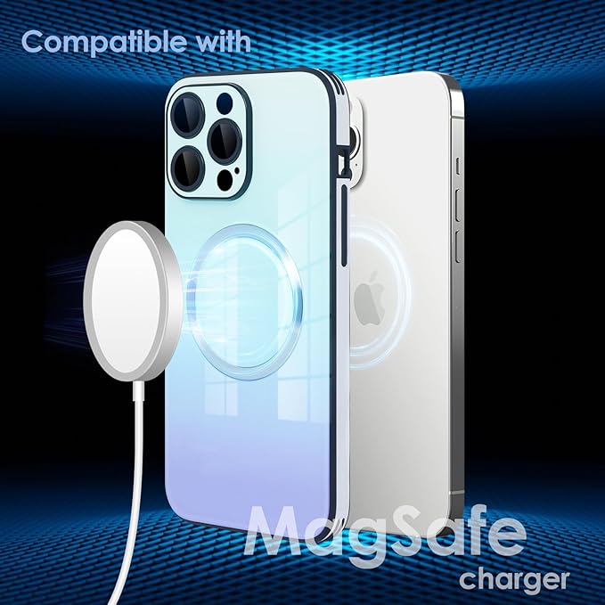 Guppy Compatible with iPhone 13 Pro Max Case Magnetic, with Full Camera Lens Protector [Compatible with MagSafe] Scratch Resistant Gradient Glass Back Cover Phone Case-Blue