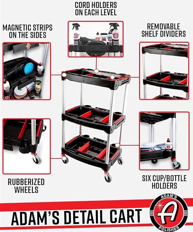 Adam's Polishes Standard Detailing Cart, Custom Mobile Rolling Utility Detailing Tool Cart Organizer for Garage DIY Home Projects, Extra Storage for Mechanics & Detailers During Repairs Car Wash/Wax
