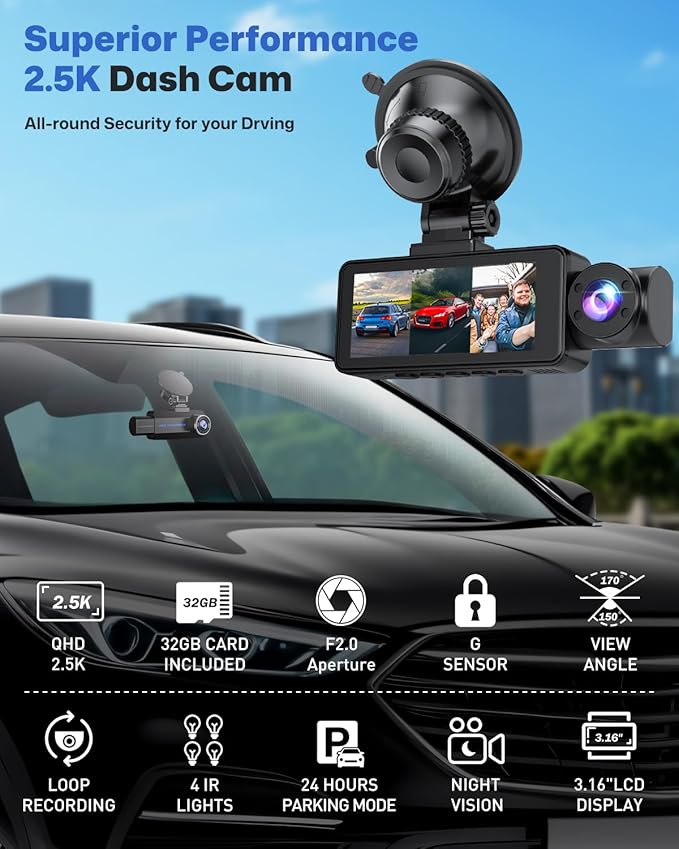 BAEASU Dash Cam Front and Rear 2.5K/1440P, 3 Channel Dash Camera for Cars Dash Cam Front Rear and Inside with 32GB Card, 3.16" IPS Screen, G-Sensor, Loop Recording, Night Vision, Parking Mode